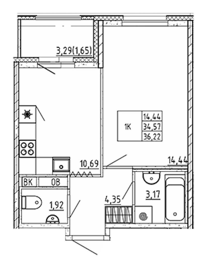 1-комнатная квартира 36.22 м², 12/12 эт., ЖК «UP! Квартал Воронцовский»